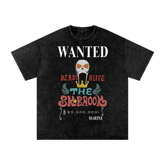 One Piece inspired Brook Wanted Poster, Acid Wash Oversize T-Shirt - 250 GSM