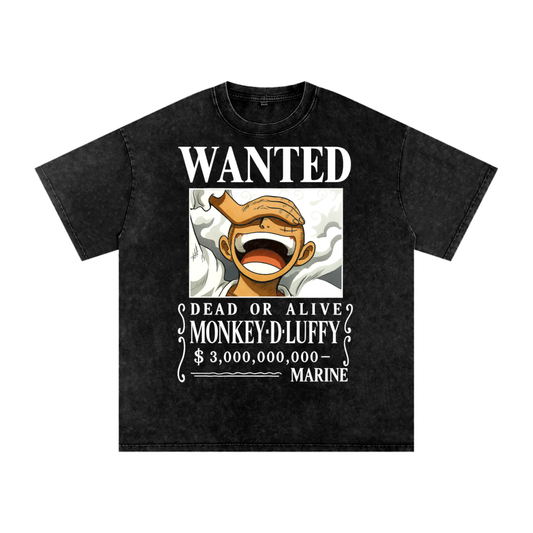 One Piece inspired Luffy Wanted Poster, Snow Washed Oversized T-Shirt